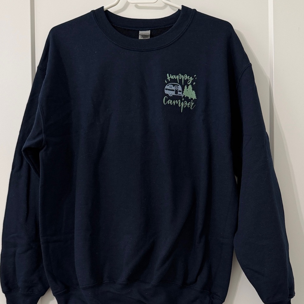 Navy Blue sweatshirt with Happy Camper embroidery